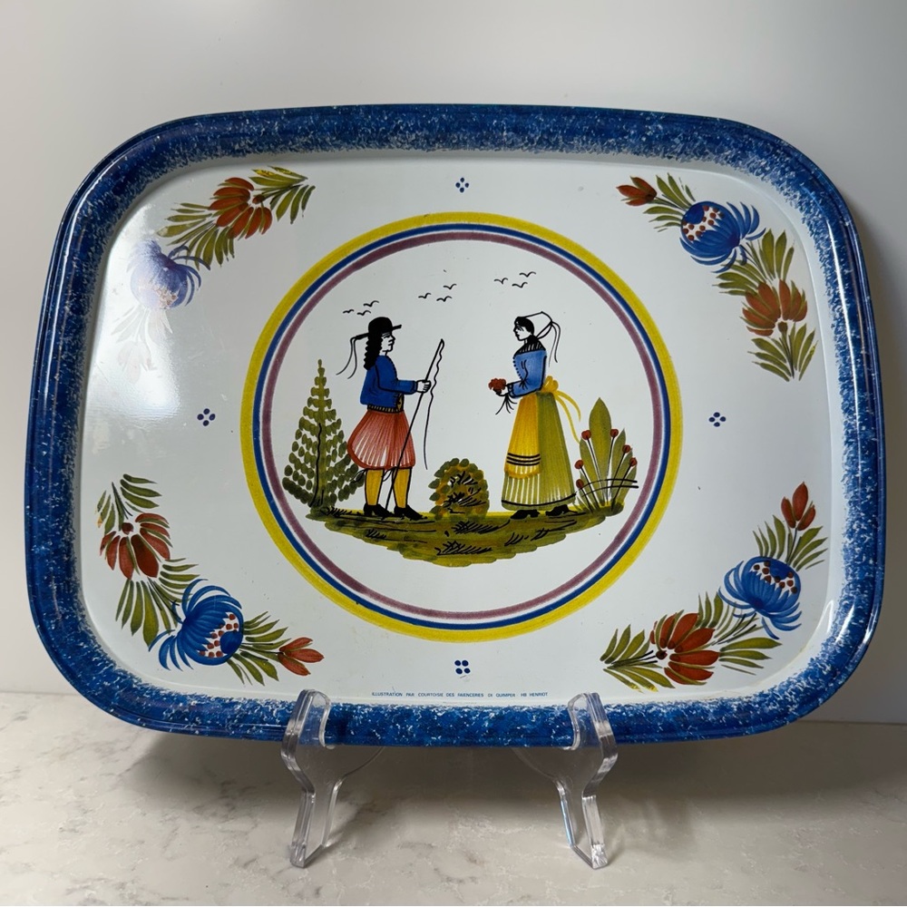 Vintage Decorative Tray with Blue and Multicolor Design